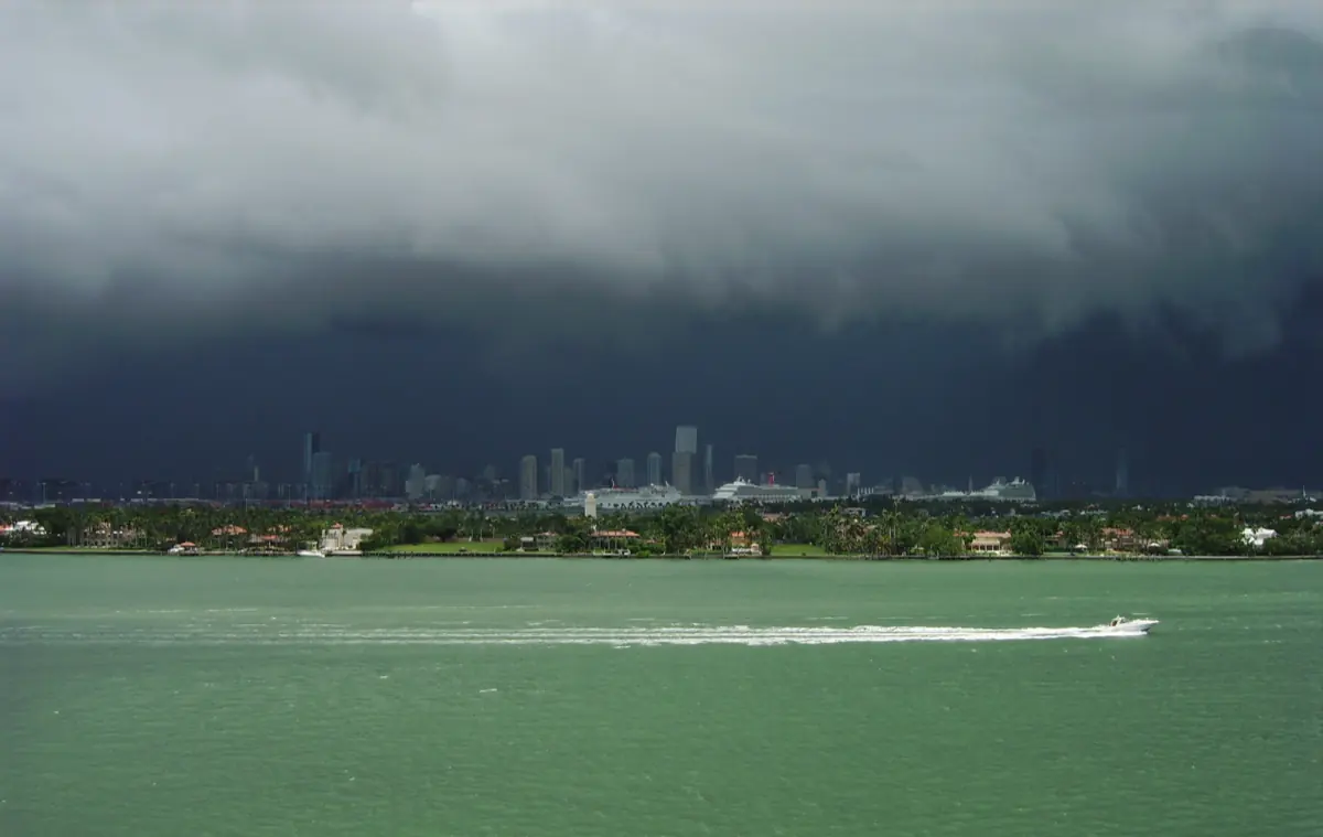 A private boat on Biscayne Bay with the Miami skyline behind