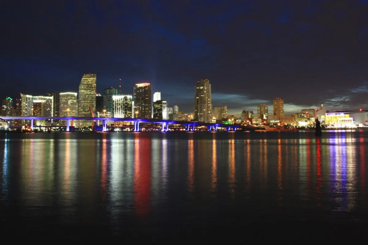 Miami skyline at sunset seen from a boat on the water