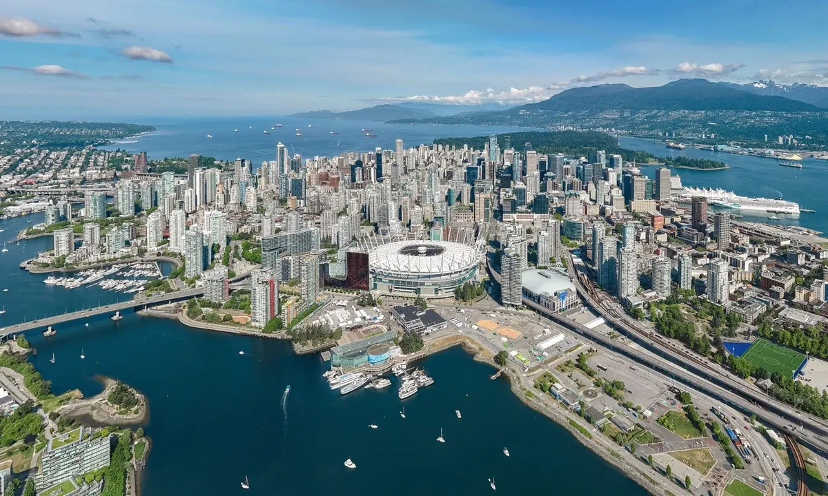 Aerial view of downtown Vancouver skyline and harbour
